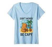 Femme Don’t Worry Be Capy Funny Capybara Drinking Coconut by Beach T-Shirt avec Col en V