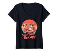 Femme Don’t Worry Be Capy Funny Capybara Flamingo Retro Sunset T-Shirt avec Col en V