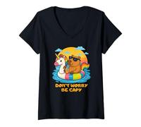 Femme Don’t Worry Be Capy Funny Capybara Float Unicorn Summer T-Shirt avec Col en V