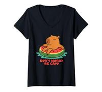 Femme Don’t Worry Be Capy Funny Capybara Float Watermelon Summer T-Shirt avec Col en V