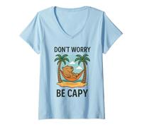 Femme Don’t Worry Be Capy Funny Sleepy Capybara Coconut Tree Beach T-Shirt avec Col en V