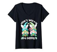 Femme Don`t Worry Be Hoppy with Cute Bunny Ears and Easter GNOME T-Shirt avec Col en V