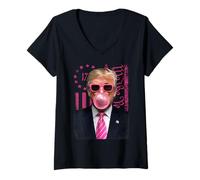 Femme Donald Trump Pink Bubblegum Satire - Pop Art avec Drapeau américain T-Shirt avec Col en V