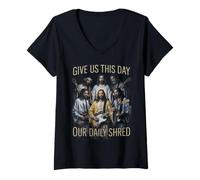 Femme Donnez-nous ce jour notre guitare Daily Shred Funny Jesus T-Shirt avec Col en V