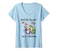 Femme Don't Be Stressin' Life's a Blessing God Frog Cute Butterfly T-Shirt avec Col en V