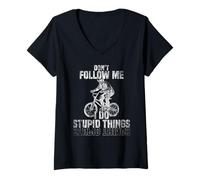Femme Don't Follow me I do Stupid Things Squelette Conduit BMX T-Shirt avec Col en V