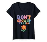 Femme Don't Grow Up It's A Trap Funny Humour Retro Groovy Flower T-Shirt avec Col en V