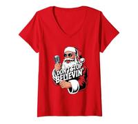 Femme Don't Stop Believin Funny Karaoké Santa Clause Christmas T-Shirt avec Col en V