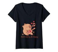 Femme Don't Worry Be Cappy Capybara Musical T-Shirt avec Col en V