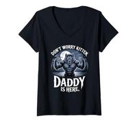 Femme Dont Worry Kitten Daddy is Here Loup-Garou Protecteur Fantaisie T-Shirt avec Col en V
