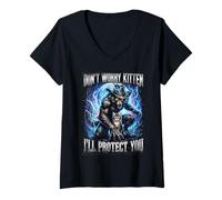Femme Don't Worry Kitten I Will Protect You Loup-Garou T-Shirt avec Col en V