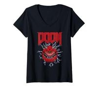 Femme Doom Cacodemon with Lightning Distressed Video Game T-Shirt avec Col en V