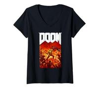 Femme Doom Full Color Retro Cover Art with Logo Vintage Video Game T-Shirt avec Col en V