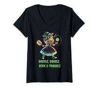 Femme Double Dink Trouble Funny Witch Pickleball Halloween T-Shirt avec Col en V