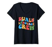 Femme Double langue Crew Teacher Groovy Retro Team Dual Language T-Shirt avec Col en V