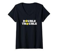 Femme Double Trouble Funny Cute Pickleball Dink Team 80s Retro T-Shirt avec Col en V