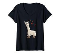 Femme Doux lama avec des cœurs | Alpaca Lama T-Shirt avec Col en V