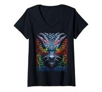 Femme Dragon Animal Art, Mandala, Motif Fantastique T-Shirt avec Col en V