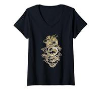 Femme Dragon Art Asiatique, Jaune et Blanc, Cadeau Dragons Believer, DK T-Shirt avec Col en V