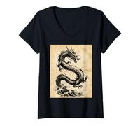 Femme Dragon Art Vintage Japonais à l'encre lavée T-Shirt avec Col en V