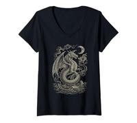 Femme Dragon au Clair de Lune Vintage enroulé au-Dessus des marées de l'océan T-Shirt avec Col en V