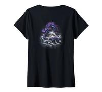 Femme Dragon Autour de la Lune Fantasy Ocean Power T-Shirt avec Col en V