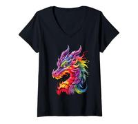 Femme Dragon coloré Animal Art Fantaisie Mythique Hommes Femmes Enfants T-Shirt avec Col en V