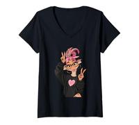Femme Dragon drôle avec Lunettes Double Signe de Paix Mignon Dragon T-Shirt avec Col en V