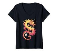 Femme Dragon en Mouvement Yin Yang Philosophie Particule Gradient Loong T-Shirt avec Col en V