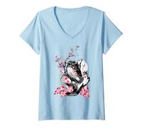Femme Dragon japonais en fleurs de cerisier style rétro années 80 T-Shirt avec Col en V