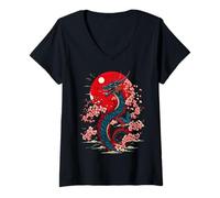 Femme Dragon Japonais esthétique - Dragon Asiatique Japonais en Fleurs de Cerisier T-Shirt avec Col en V