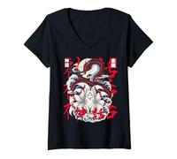 Femme Dragon Japonais Kitsune Mythe du Renard à Neuf queues Art de T-Shirt avec Col en V