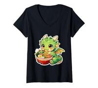 Femme Dragon Mignon Mangeant Ramen Nouilles Amateurs de Soupe Enfants garçons Filles T-Shirt avec Col en V