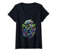 Femme Dragon Mystique Serpent Fantaisie Créature Mythologique Design T-Shirt avec Col en V