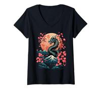 Femme Dragon noir asiatique style japonais esthétique T-Shirt avec Col en V
