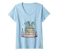 Femme Dragon perché sur une pile de livres fantastiques romans rat de bibliothèque T-Shirt avec Col en V