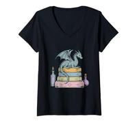 Femme Dragon perché sur une pile de livres fantastiques romans rat de bibliothèque T-Shirt avec Col en V