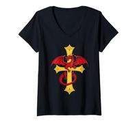 Femme Dragon Rouge Insolite et Croix médiévale T-Shirt avec Col en V