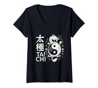 Femme Dragon Yin Yang Tai Chi Symbole Artistique Chinois Air Energie T-Shirt avec Col en V