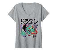 Femme Dragon Yokai Surréaliste japonais psychédélique étrange T-Shirt avec Col en V