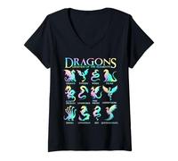 Femme Dragons du Monde Types de Dragons T-Shirt avec Col en V