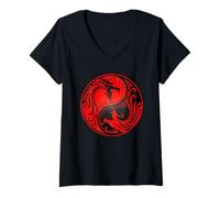 Femme Dragons Yin Yang rouges et noirs T-Shirt avec Col en V