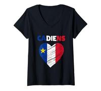 Femme Drapeau acadien en forme de cœur gribouillé - Fiers patrimoine acadien français T-Shirt avec Col en V