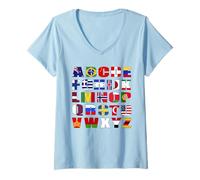 Femme Drapeau Alphabet Pays du Monde Lettres géographie T-Shirt avec Col en V