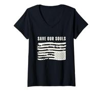 Femme Drapeau américain à l'envers Patriotique 4 Juillet Save Our Souls T-Shirt avec Col en V