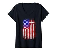 Femme Drapeau américain America Pride Faith Over Fear Prayer T-Shirt avec Col en V