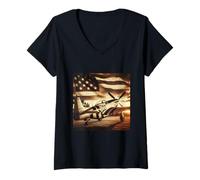 Femme Drapeau américain américain P-51 Mustang WW2 Fighter Vintage US Flag T-Shirt avec Col en V