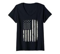 Femme Drapeau américain Blanc Vieilli Vintage T-Shirt avec Col en V