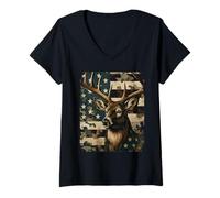 Femme Drapeau américain Camouflage Vintage Chasse pour Papa Chasseur T-Shirt avec Col en V