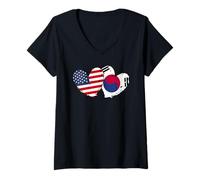 Femme Drapeau américain Corée du Sud en Forme de cœur Double T-Shirt avec Col en V
